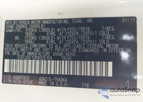 2011 Toyota Tundra 2Wd Truck Grade V6 z USA, uszkodzony, nr VIN 5TFLU5F12BX025104